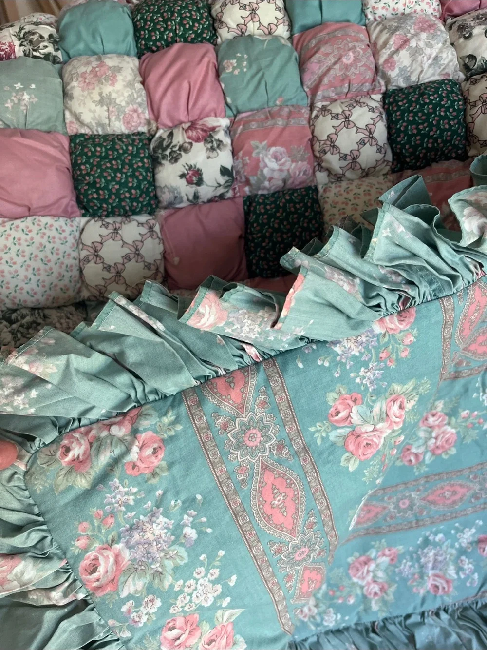 Handmade Pink & Teal Puff Quilt - Floral Patchwork